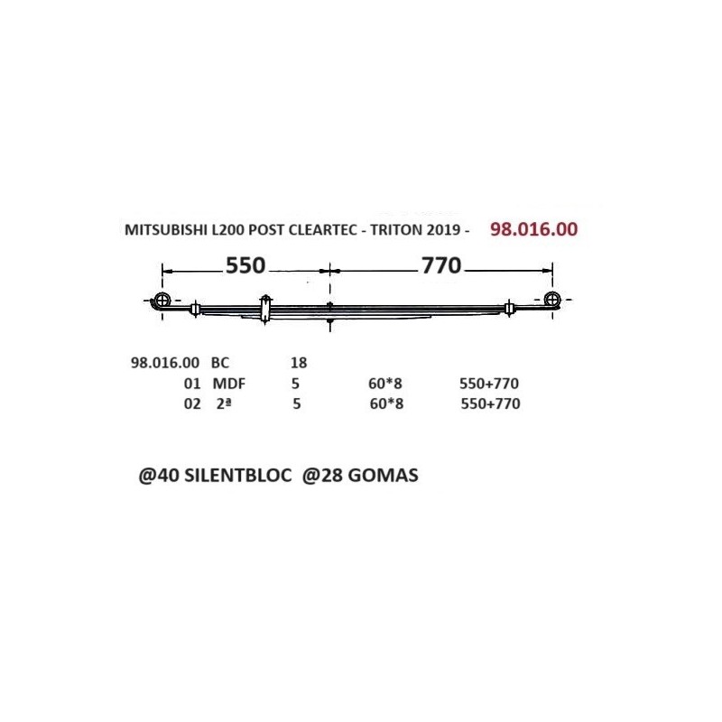 BALLESTA COMPLETA T MITSUBISHI PICK-UP L200 CLEARTEC - TRITON 2019 - 60*8 550+770